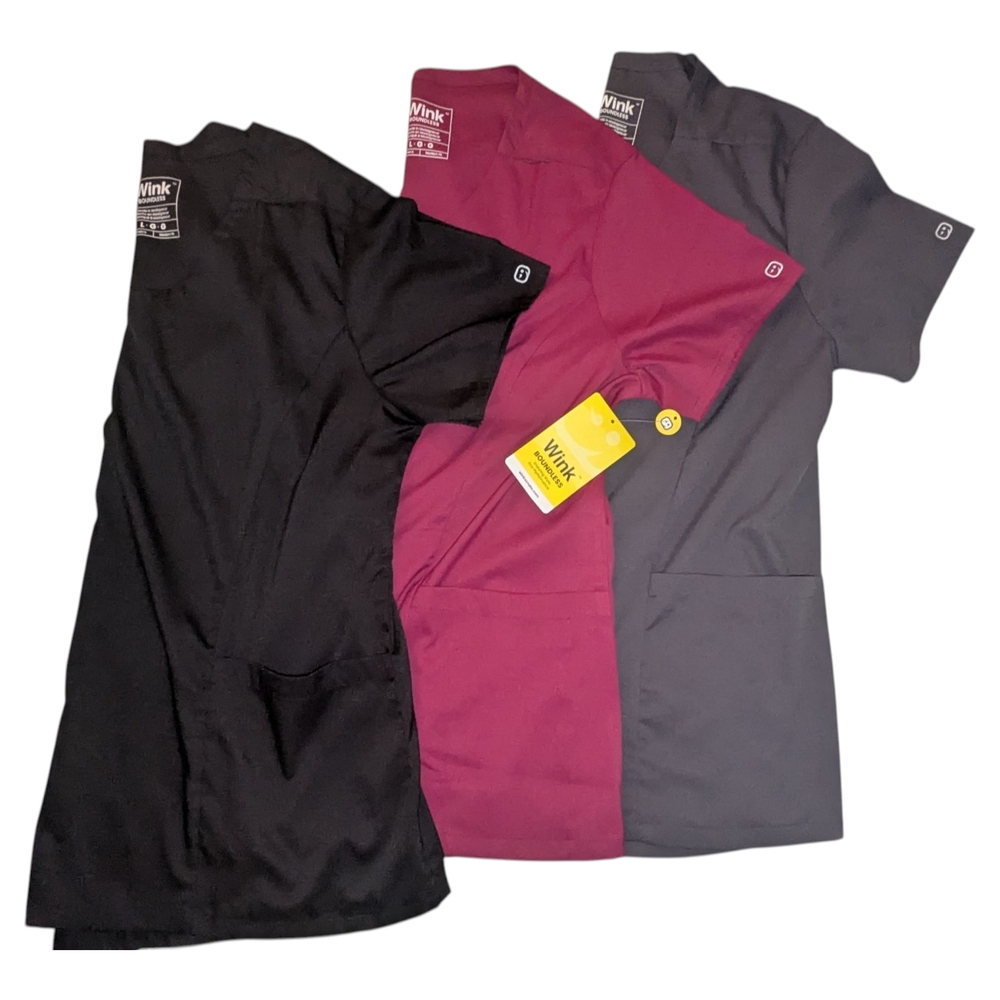 Wink Scrub Tops in Black, Burgundy, and Gray